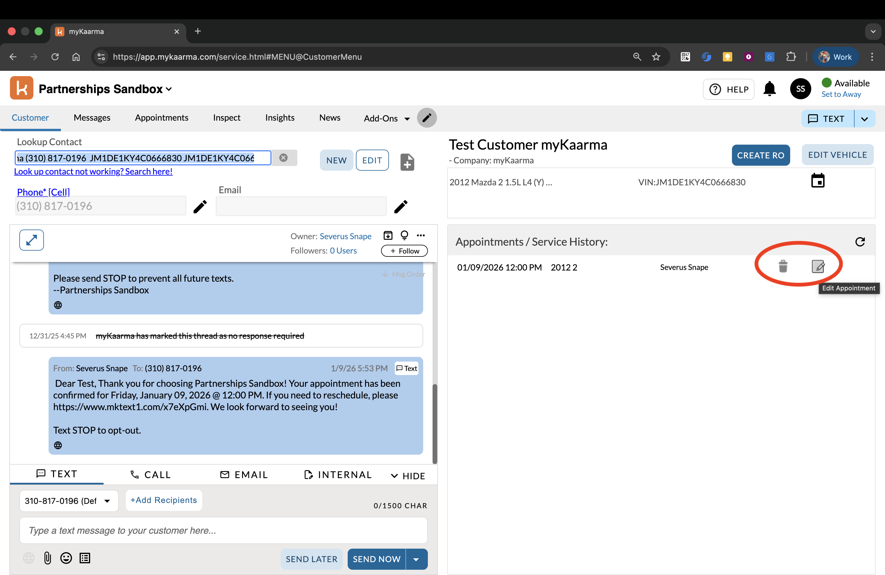 Customer tab - Appointment edit/delete buttons