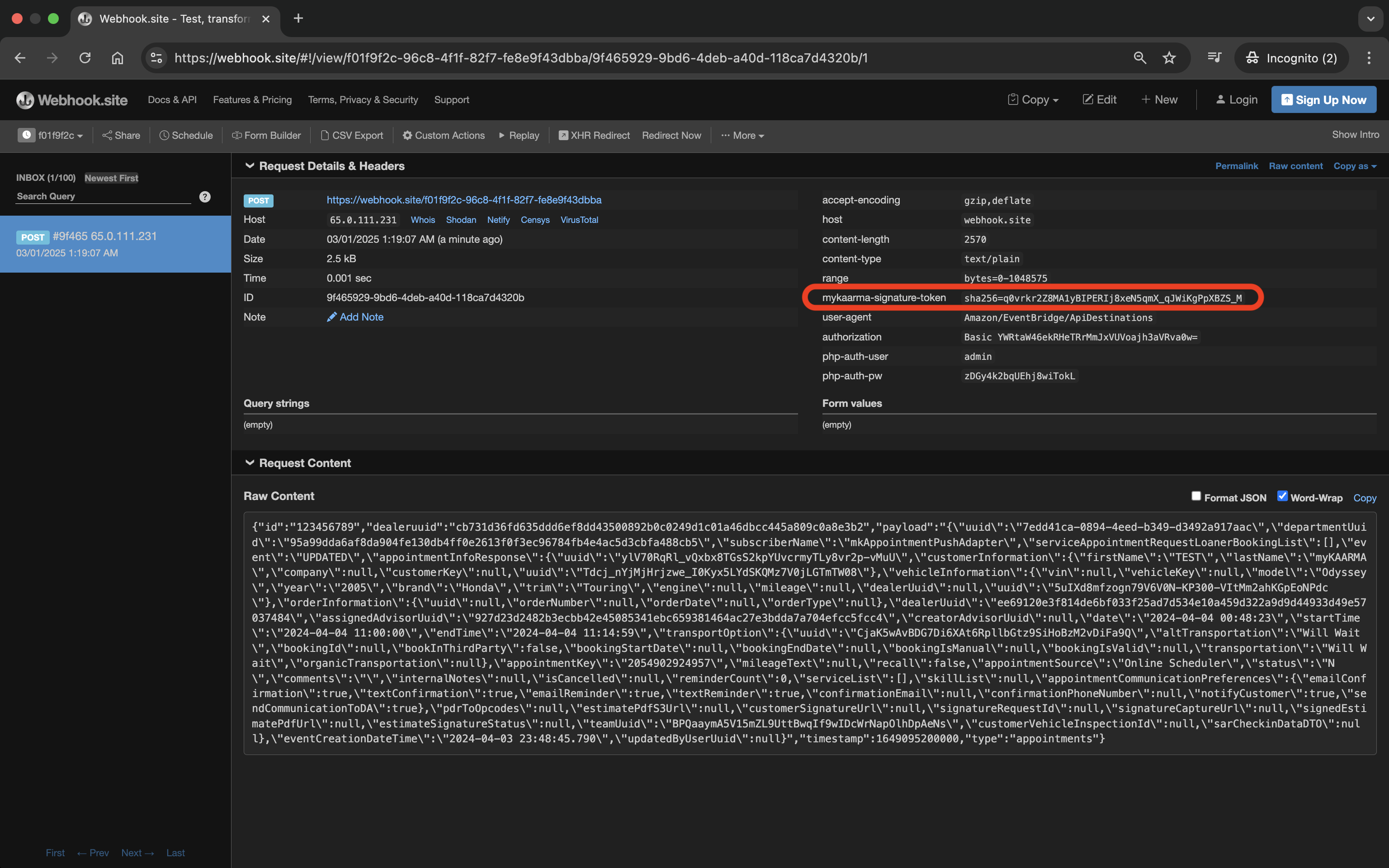 Signature token provided in header